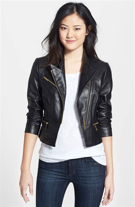 michael kors printed lambskin leather moto jackets images|Michael Kors Leather Moto Jacket .